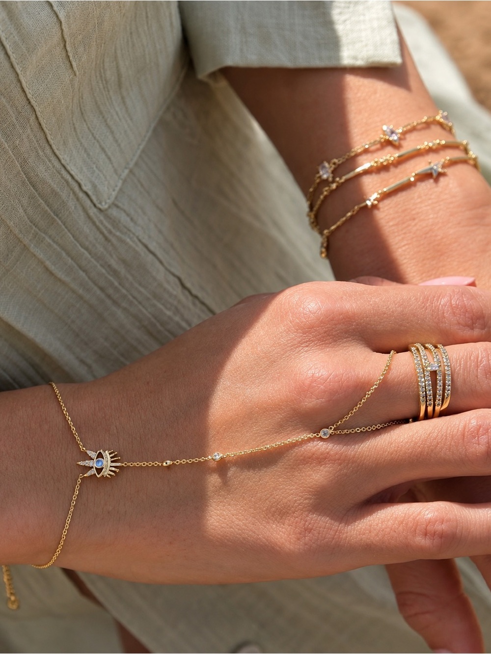 14k Gold Plated Evil Eye Hand Chain Bracelet Rhodium P. Finger Bracelet